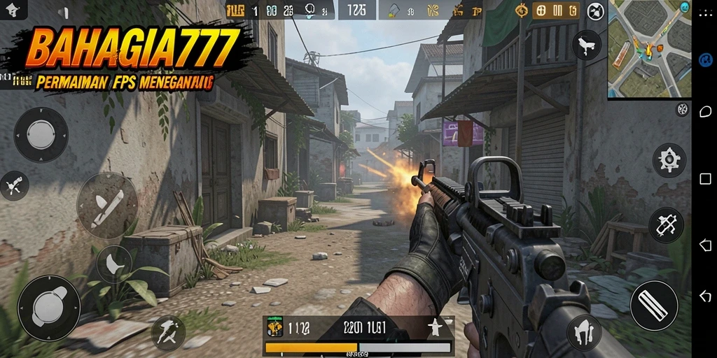 Tangkapan layar gameplay BAHAGIA777 yang menampilkan aksi menegangkan di arena pertempuran FPS.