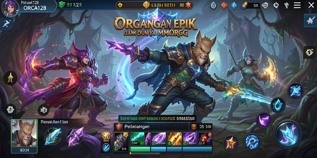 Screenshot gameplay ORCA128 menunjukkan pertempuran seru di dunia MMORPG.