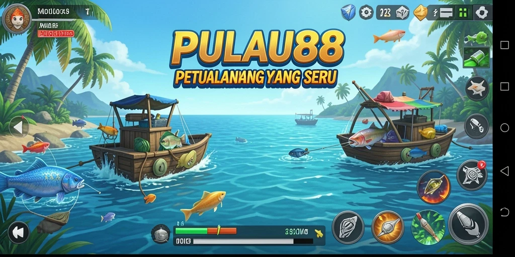 Screenshot yang menunjukkan gameplay memancing di PULAU88 dengan ikan berwarna-warni.